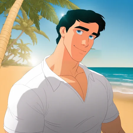 pr1nc3r14, black hair, blue eyes, 1boy, male focus, bara, solo, close up, upper body, standing, outdoors, ocean, beach, sand, palm trees, day, sky, dynamic light, sunlight, shinky skin, white shirt, looking at viewer, light smile, tilt head,   <lora:Prince_Eric:1>