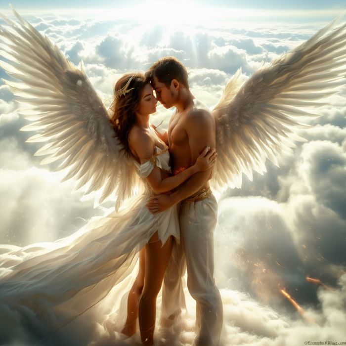 Serene brunette angel, her wings outstretched, gently cradles an unconscious man in her arms as she descends from the heavens.
The angel's radiant beauty is accentuated by her flowing brunette hair and luminous aura.
Her wings, shimmering with celestial light, gracefully carry her through the clouds.
The unconscious man, nestled securely in her embrace, appears peaceful and serene.
The contrast between the angel's ethereal presence and the man's vulnerability creates a sense of awe and tenderness.
The overall scene exudes a sense of divine intervention and compassionate care.