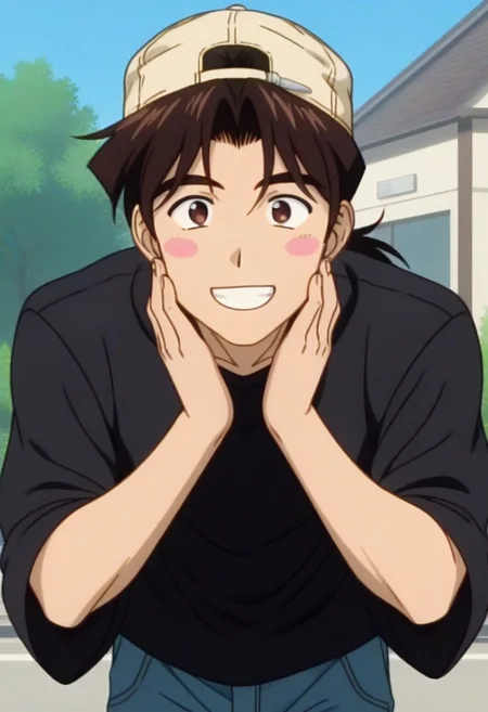 ((masterpiece)), ((best quality)), ((ultra-detailed)), ((absurdres)), score_9_up, score_8_up, score_7_up,
HD, top quality, best quality, amazing quality, High-quality illustrations, anime screencap, source_anime, best aesthetic, perfect proportions, perfect eyes, 1boy, 1male, solo boy, solo male, male focus, solo male focus, Anime, boy, male anime character, anime boy, handsome, attractive, cute, charming, sexy, hot, ((tall, tall body, tall height)), ((lean body, slim body)), easynegative, Expressiveh, neghands, updn, Kintaro Oe, brown hair, ponytail, brown eyes, white cap, backwards cap, black shirt, blue jeans, outside public, sunny weather, hot weather, ((happy, joyful, bright happy eyes, big eyes)), big smile with teeth, blush stickers on cheeks, ((gentle look, kind look, looking at front, looking at viewer)), ((standing straight))