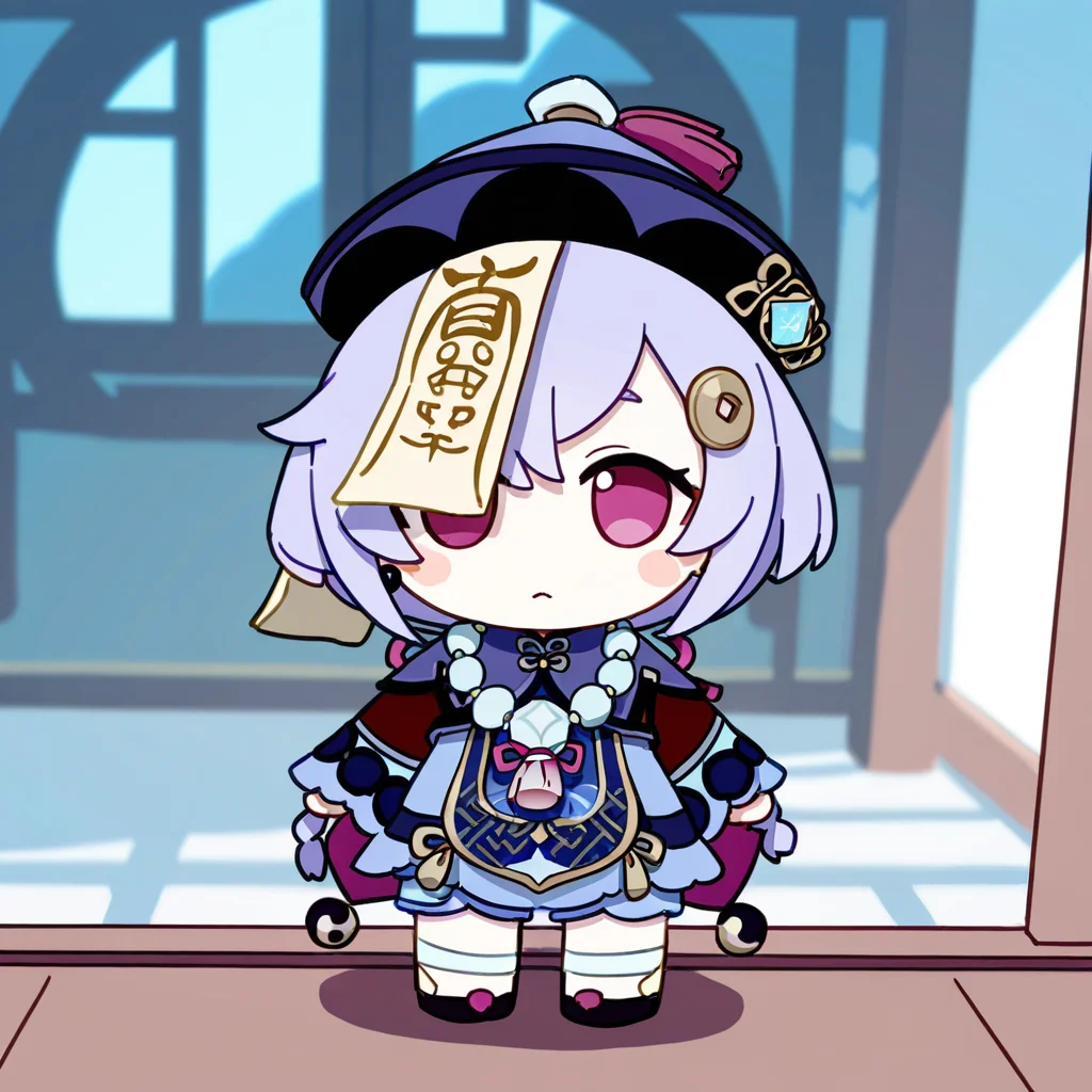 chibi,fumo,
1girl, solo, long hair, looking at viewer, bangs, hair ornament, long sleeves, hat, hair between eyes, jewelry, purple eyes, purple hair, braid, sidelocks, shorts, wide sleeves, necklace, chibi, blurry, single braid, depth of field, chinese clothes, low ponytail, beads, ofuda, vision \(genshin impact\), yin yang, jiangshi, bead necklace, qing guanmao, yin yang orb, coin hair ornament, qiqi \(genshin impact\)
<lora:fumo_noob1:1>,