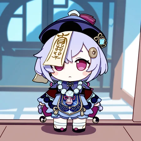 chibi,fumo,
1girl, solo, long hair, looking at viewer, bangs, hair ornament, long sleeves, hat, hair between eyes, jewelry, purple eyes, purple hair, braid, sidelocks, shorts, wide sleeves, necklace, chibi, blurry, single braid, depth of field, chinese clothes, low ponytail, beads, ofuda, vision \(genshin impact\), yin yang, jiangshi, bead necklace, qing guanmao, yin yang orb, coin hair ornament, qiqi \(genshin impact\)
<lora:fumo_noob1:1>,