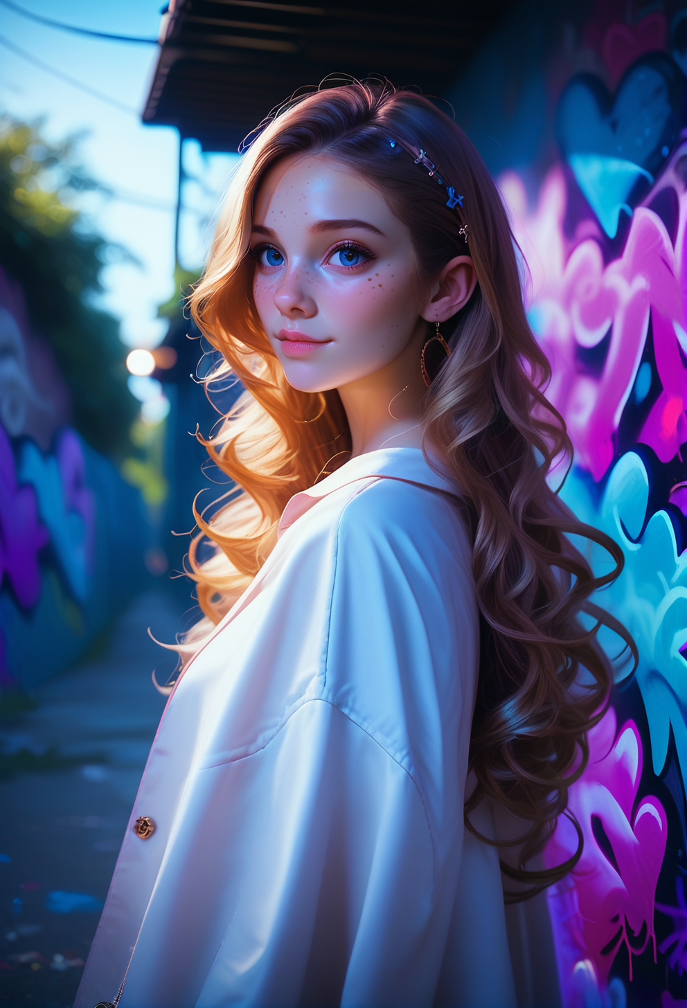 score_9, score_8_up, score_7_up,realistic, film photography,film grain,best quality, masterpiece, dimmed lights, cinematic lighting, dreamy, 1woman, 24yo woman, soft freckles, long hair, graffiti street style, dolleijpony02 <lora:DolleijPONY02-000003:0.75>, Expressiveh <lora:Expressive_H:0.4>
