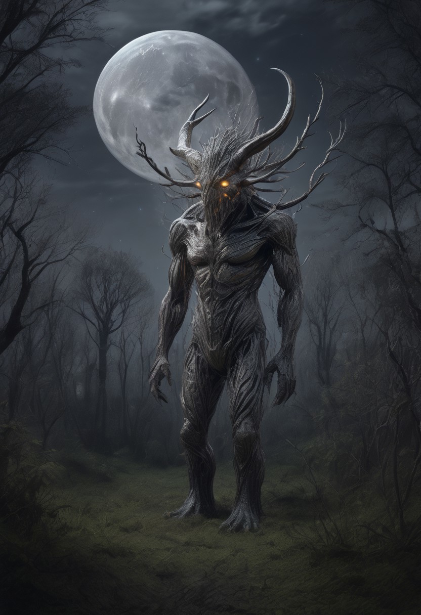 masterpiece,best quality,amazing quality,very aesthetic,absurdres,newest, huge filesize, absurd res, 
pascaH, no face, monster, grey skin, wrinkly body, horns, full body, side view, claws, forest, nighttime, stars, moon, trees, clouds, grass, fireflies, beautiful, glowing, scenery, dream view morph,