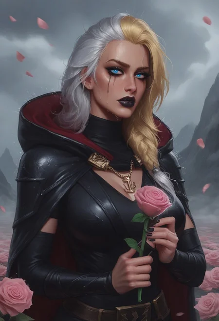 score_9, score_8_up, score_7_up, (realistic:1.2), 1girl, mysterious girl, alluring goddess,, smooth, (big clothed breasts:1.1),, Jaina Proudmoore, (she has bicoloured hair:1.2), (white hair:1.2), (blonde hair:1.2), (wet hair:1.2), 1girl, solo, single hair braid, cherry blossoms falling around her, misty mountains in the background, sad, beautiful woman, curvy, Jaina Proudmoore, 1girl, mature female, (bicoloured hair:1.2), white hair, blonde hair, blue eyes,glowing eyes, pupils, storm, anchor necklace, (3/4 body shot:1.3), dark, thunder, rainy:1.2, windy:1.2, mountains at the background, (burgundy lightning:1.2), black lips, sith lord, star wars, sith, black hood, black cape, hood on head, turtleneck, (total black clothing:1.2),, jainapost, (fully clothed), (she holding pink rose:1.3), (looking at viewer),roses, pink roses, roses, rose petals, rose, (dramatic atmosphere), (detailed background), (three-quarter view), (running mascara:1.1)