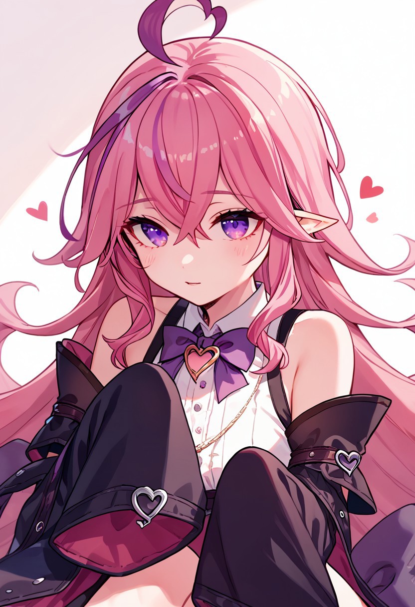 score_9, score_8_up, score_7_up, 1girl, pink hair, hair spread out, hair between eyes, very long hair, bowtie, parted lips, pointy ear, purple eyes, sleeves past wrists, black sleeves, detached sleeves, ahoge, heart necklace,