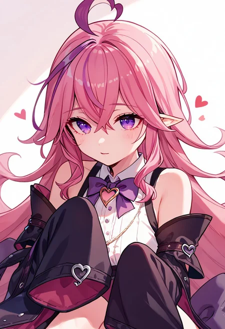 score_9, score_8_up, score_7_up, 1girl, pink hair, hair spread out, hair between eyes, very long hair, bowtie, parted lips, pointy ear, purple eyes, sleeves past wrists, black sleeves, detached sleeves, ahoge, heart necklace,
