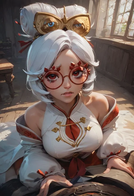 score_9, score_8_up, score_7_up, pinup girl pose, Expressive, volumetric lighting, mood lighting, cinematic lighting, dark cinematography, semi realistic, view from front, purah from the legend of zelda, white hair, red round glasses, short, tears, tears running down cheeks, hollow look in eyes, extremely scared expression, eyes wide open, frowning, looking at viewer, huge tits, huge ass, fully-clothed, body tense, defensive posture, shadow of a man cast over her, medieval laboratory
BREAK
dramatic angle, unique perspective, unique angle
