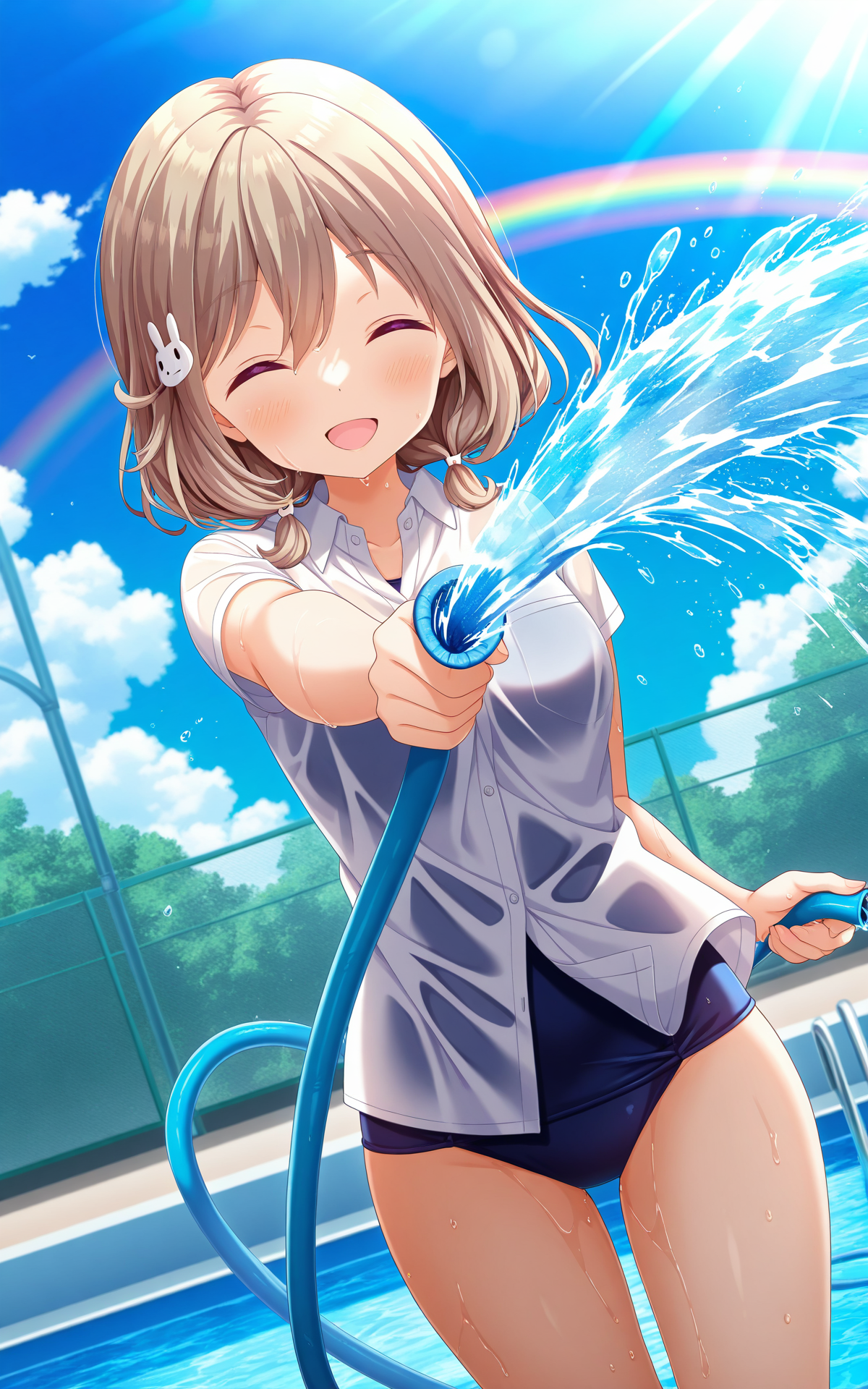 masterpiece, best quality, good quality, newest,4k, perfect lighting, cinematic, very aesthetic, official art, anime screencap, anime coloring,blue sky,poolside,day,sunlight,rainbow,
1girl,solo,kazemachi haruka,brown hair,short hair,hair ornament,rabbit hair ornament,closed eyes,
seio school uniform,(white shirt:1.5),collared shirt,swimsuit under clothes,blue one-piece swimsuit, school swimsuit,thighs,wet,
standing,smile,looking at viewer,open mouth,:d,holding hose,aiming at viewer,water,splashing,BREAK
<lora:ILharuka:0.8>