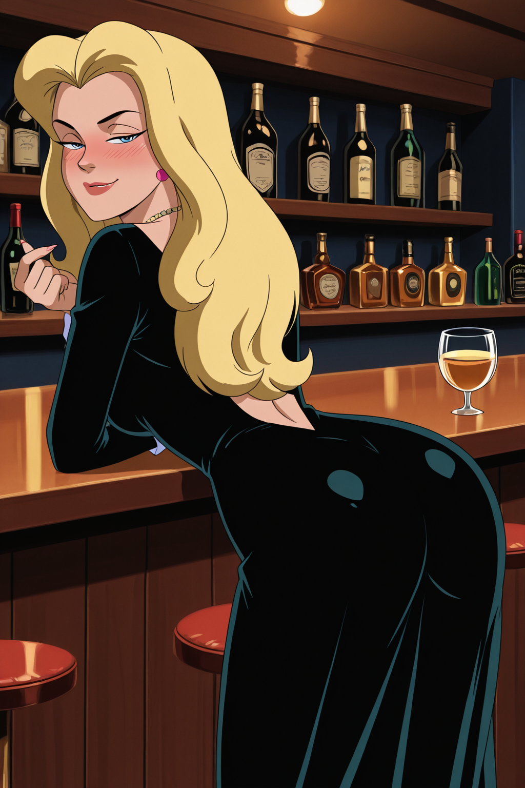 (((retro artstyle, parody)), perfect anatomy, perfect eyes, cowboy shot, from behind) BREAK <lora:BlackCatIL:1> felicia hardy, long hair, blonde hair, blue eyes, sultry eyes, naughty face, half-closed eyes, blush, drunk, ((looking back at viewer)), jewelry, earrings, necklace, long sleeves, black dress, cutout dress, long dress, arched back, model pose, relaxing at luxurious bar, shifting her hips, beckoning to join, night, indoors