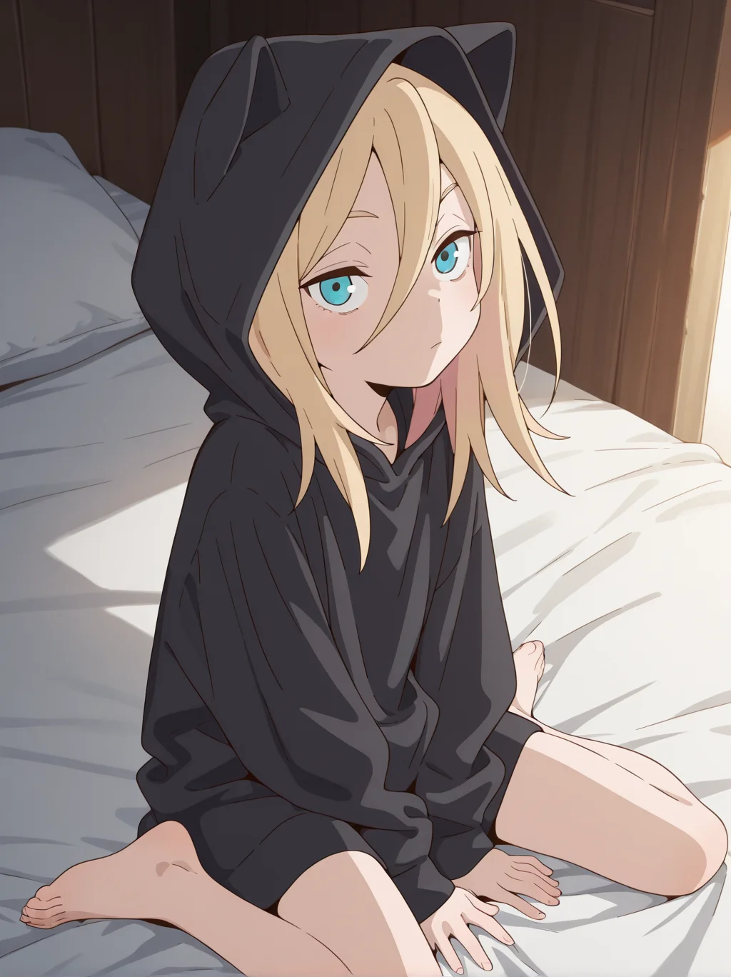 (masterpiece:1.4), (best quality:1.4), rating_safe,very aesthetic, newest,best quality, amazing quality, very aesthetic, absurdres,
1girl,solo,jobko, , blonde hair, long hair, hair between eyes,medium hair, eyebrows,
<lora:jobko:1>
black hoodie,hood up,barefoot,oversized
sitting,on bed,indoor,wariza,
looking at viewer