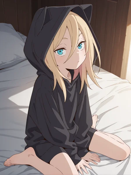 (masterpiece:1.4), (best quality:1.4),  rating_safe,very aesthetic, newest,best quality, amazing quality, very aesthetic, absurdres,
 1girl,solo,jobko, ,  blonde hair,  long hair, hair between eyes,medium hair, eyebrows,  
<lora:jobko:1>
black hoodie,hood up,barefoot,oversized
sitting,on bed,indoor,wariza,
looking at viewer