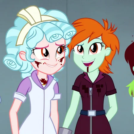 Cozy Glow, Equestria Girls, bloody nurse, at hospital, rusty walls covered in blood, dark, dingy, depressive, nightmare