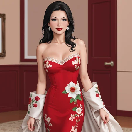 <lora:PhantomLady_pony_v1:.8>PhantomLadyCostume, 1girl,  medium breasts, black hair,  lipstick, makeup, long hair,  cowboy shot,  <lora:1007 Chinese wedding dress_v1_pony:1> ruanyi1007,bare shoulders,detached sleeves,red dress,floral print,strapless dress,