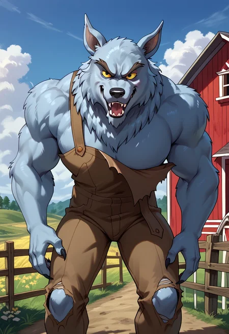score_9, score_8_up, score_7_up, wolfbouncer, werewolf, yellow sclera, black eyes, standing outside, day, farm setting, haystack, torn brown overalls, naughty face, hi res, detailed eyes, eyes focus, perfect eyes, best artwork, highly detailed
