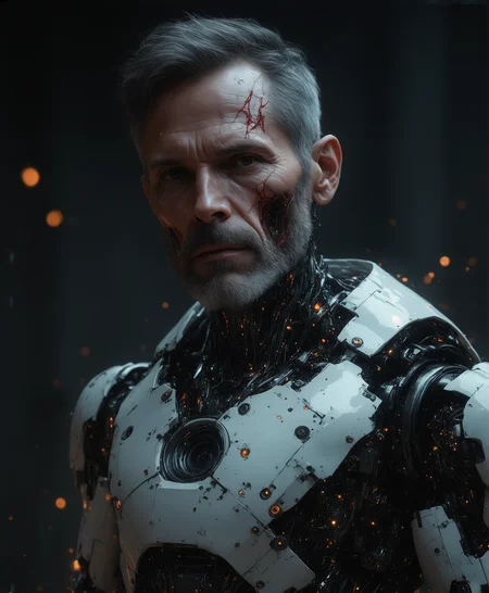 In this striking image capturing an upper body, torso, and head of a handsome 40-year-old distinguished science professor. He is dressed in a time protective suite and wears an expression that conveys both wisdom and stoicism as he looks directly into the camera. One side of his face reveals exposed, polished chrome and intricate wiring, while the other maintains human features with dripping blood and raw, visceral flesh visible, creating a stark and compelling contrast.
His chest is dramatically open, revealing a complex, horrifying yet fascinating mix of biomechanical devices, pulsating flesh, and intricate machinery that makes up his vital organs and keeps him alive.
The soft, natural window light creates gentle shadows across his face, illuminating his high-definition skin texture – every wrinkle, pore, and freckle is visible, juxtaposed with the precise, angular lines of his robotic components.
A shallow depth of field isolates him from the surrounding environment, where sparks fly in the background from his portal, focusing the viewer's attention on the man himself. The picture exudes a sense of authenticity and realism, as if capturing a genuine moment in time that transcends stock photography clichés to deliver an engaging, memorable image.