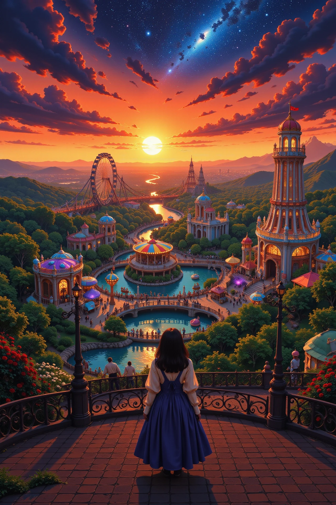 amusement park beautiful  landscape, sunset, woman, very intricate, very detailed, sharp, bright, colorful, <lora:Hand v2:0.5> <lora:Anti-Blur:1><lora:Insane Detail Slider:0.25>  <lora:flux.1_lora_flyway_Epic-detail_v2:0.3> <lora:fluxenhancer:0.25> <lora:Anime_style:0.6> anime style