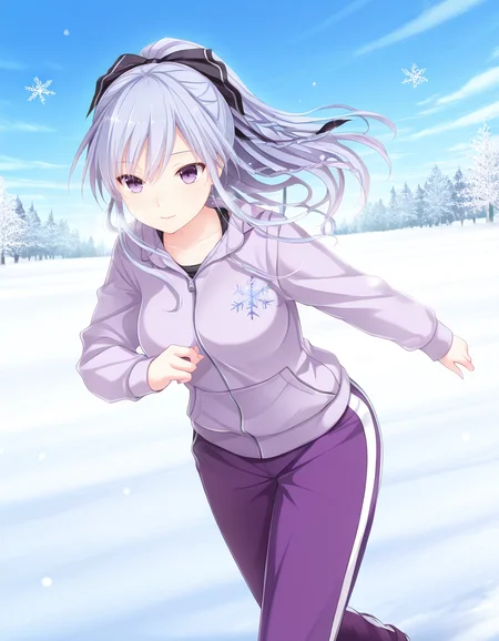 1girl, solo,
<lora:Kisaragi_Mizuha_LCD_v05:1> kisaragimizuhalcd, braid, hair bow, hair ribbon, black ribbon,
hood, hooded sweater, track pants, purple pants, tank top, long sleeves,
light smile,
running,
blue sky, snowflakes, winter, masterpiece, best quality, amazing quality,