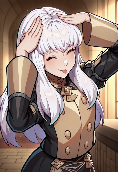 masterpiece, best quality, newest, absurdres, highres, AhEtoBlehMeme, closed eyes, tongue out, :p, hands on own head, smile, <lora:AhEtoBlehMeme_illusXLNoobAI_Incrs_v1-000008:1>, upper body, indoors, <lora:fireemblem_lysithea_illustriousXL:1> lytdef, long hair, white hair, garreg mach monastery uniform, black jacket, epaulettes, buttons, juliet sleeves, black skirt,