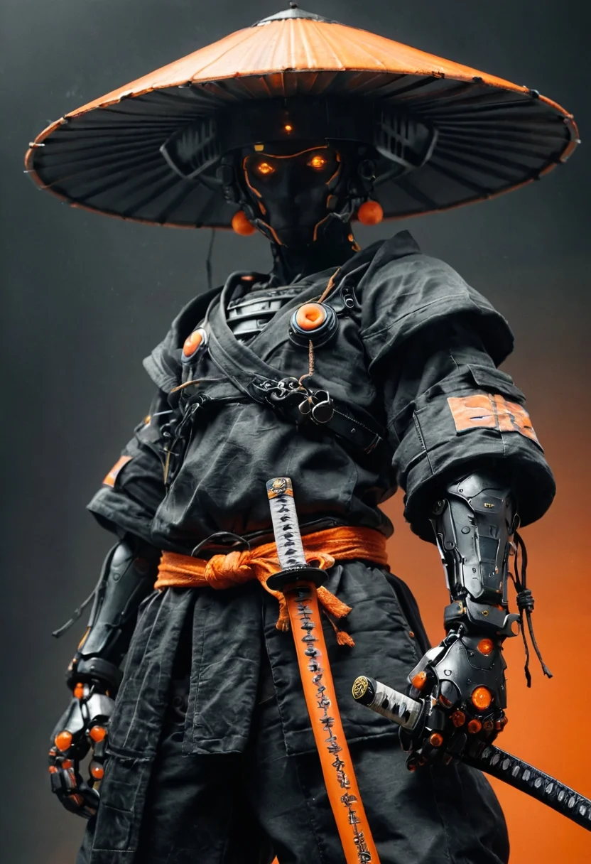 Cyborg Samurai, black armor, orange color ornaments, vibrant , oversized sedge hat, (smoky backdrop:0.5) , (holding katana:1.2), atmospheric haze, Film grain, dark simple gradient background, ascetic modest simple ,from below,,