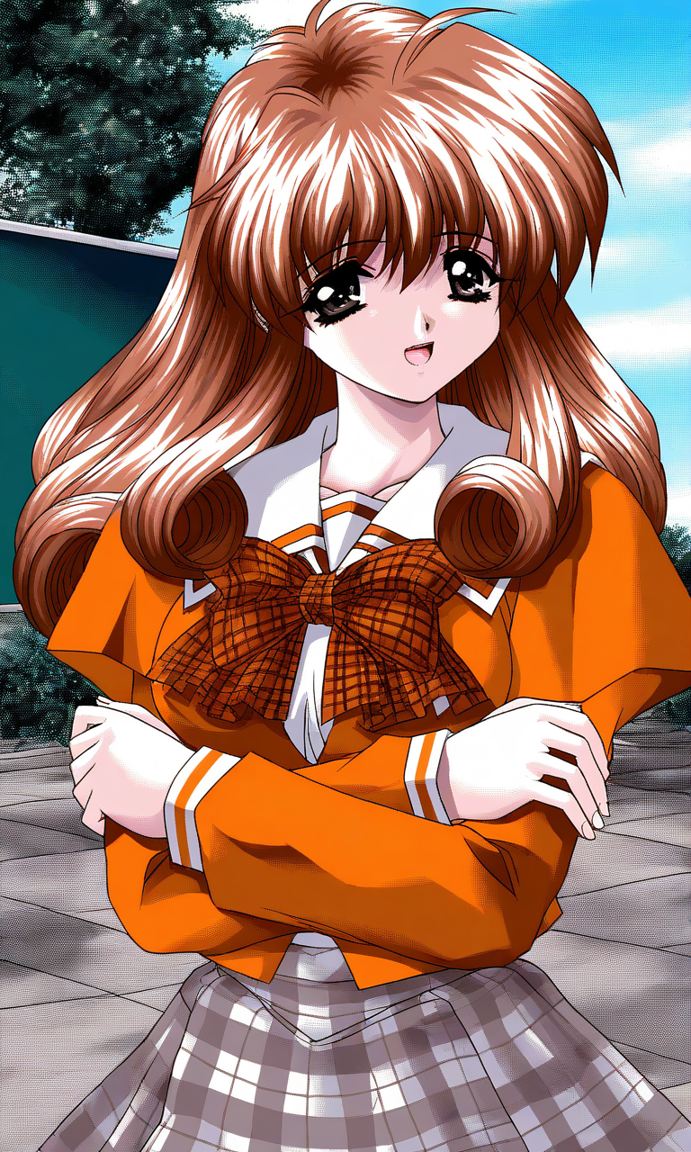 general,highres, ultra-detailed,very aesthetic,best quality ,best hands, BREAK <lora:Ichijo_Serika_Ver2.0_Akumu_AoiKajitsunoSange_IS:1>
Ichijo_Serika, 1girl, solo, long hair, curly hair, brown hair, black eyes, medium breasts, sidelocks,
open mouth, curly hair, light smile, orange school uniform, ribbon, white+gray skirt, outdoors, crossed arms, check skirt, plaid bow, long sleeves, serafuku, School, class room, curtain.