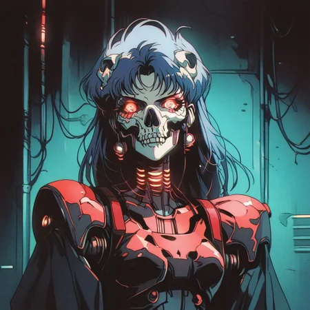 1990s \(style\)  score_9, knva, halftone effect, skull, cyberpunk neon, dark background ,