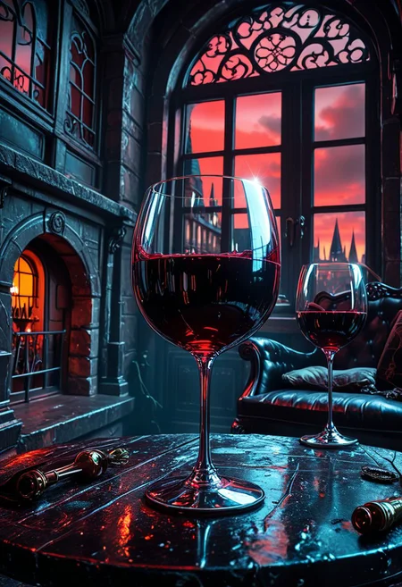SmoothNoob_Quality, no humans, gothic architecture, darkness, barred window, red sky, expensive furniture, indoors, table, wine glass, <lora:Smooth_Booster:0.5>āāā