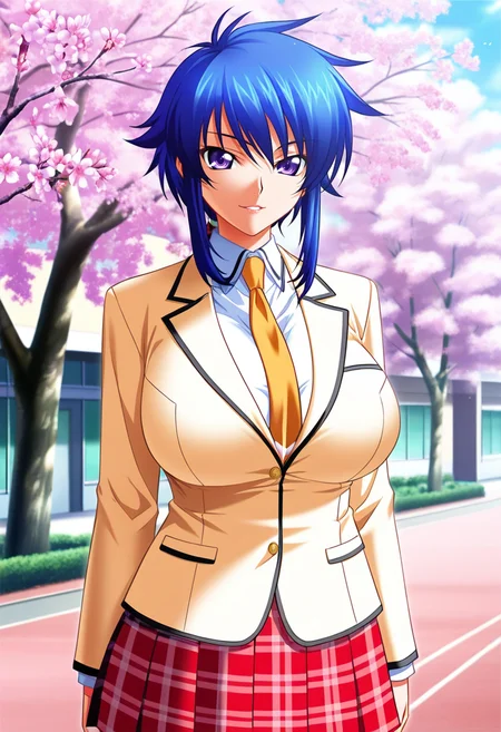 masterpiece, best quality, amazing quality,kaede kiryuu, purple eyes, blue hair, low ponytail, 1girl, solo,breasts,school uniform, large breasts, long hair,yellow necktie, yellow jacket,white shirt,red plaid,red plaid skirt,parted lips, light smile, standing, looking at viewer, cowboy shot, blurry background, outdoors, school, cherry blossoms <lora:kaede kiryuuV1:0.9>