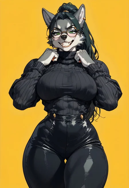 score_9, score_8_up, score_7_up, masterpiece, best quality, unique angle, close up, 1girl, source_furry, anthro, (furry:1.5), (((wolf female))), wearing ((black Turtleneck with long sleeves)) and ((Wide Leg Trousers)), glasses, ((bent over)), ((arms on neck):1.5, elbows squeezing boobs):1.4), half-closed eyes, (golden jewelry), long hair, ponytail, clear green eyes, (seducing viewer), perfect teeth, curvy, athletic, looking down at viewer, female focus, posing, erotic pose, suggestive pose, cruel grin, (bulging muscles:1.44), (pumped breasts:1.2), ((wide hips)), (thick thighs:1.25), long legs, voluptuous, (perfect ass), showcasing depth and dimension, abstract yellow background, b3b0p, flat color, dark theme, 2D,