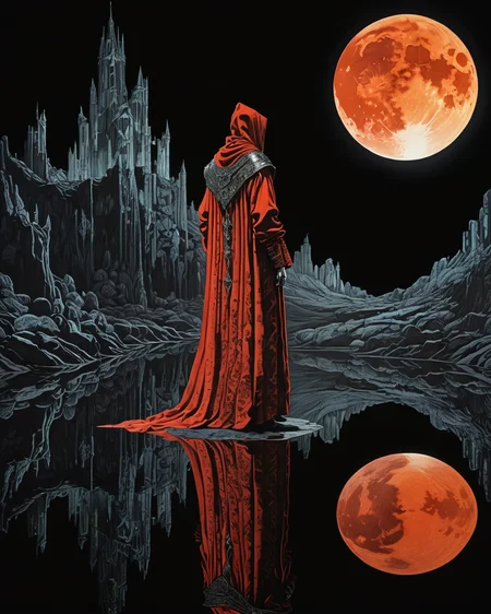 Guard wearing a scarlet robe, water, reflections, transparency, aspiring, vivid color, Mordor: A dark and evil land ruled by the dark lord Sauron, Harry Clarke,  orange shaded moon, volumetric lighting, <lora:add-detail-xl:1>, <lora:xl_more_art-full_v1:0.8>
