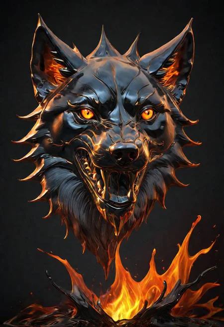 (masterpiece))
a wolf head,
HDR, hyper realistic,
Black goo,
godly auburn light, flames,