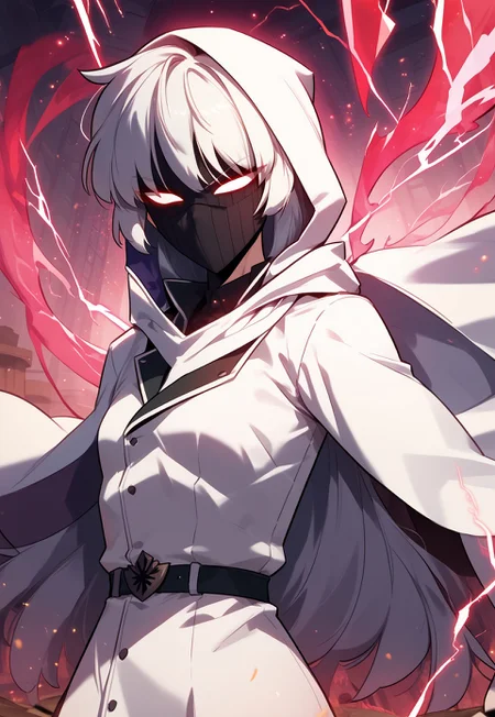 zPDXL3, score_9_up, score_8_up, score_7_up, Anime_source, 1girl, Alice, white hair, long hair, Kid-Form, Adventure uniform, white cape, glowing eyes, faceless, (wood mask), hood up, aura, upper body, floating hair, red electricity, looking at viewer, one arm reaching viewer, particles