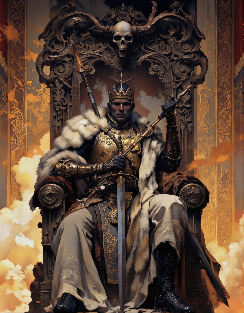 Art by Piotr JabÅoÅski. A digital illustration shoot from the front about a regal figure seated on a throne adorned with fur, holding weapons, and a skull above, set against a backdrop of a sunset sky with orange and yellow hues. on the middle of the image, a muscular, dark-skinned man, who appears to be in his late 20s, is sitting on a large, ornate throne with a fur-covered seat. he has a stern expression and is wearing ornate armor, including a crown, breastplate, and gauntlets. he is holding a long, curved sword and a spear, both of which are intricately designed with detailed patterns. the man is facing the viewer, looking directly at them with a calm and determined expression. the throne is surrounded by a warm, golden glow, with intricate patterns and a decorative border around the edges. the overall atmosphere is dramatic and dramatic, with a sense of power and authority.