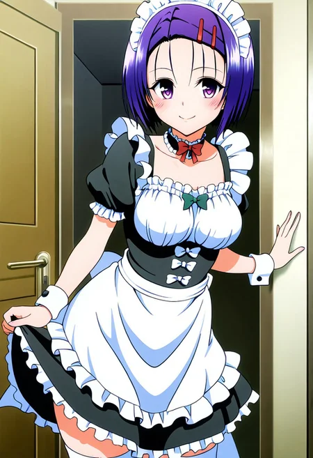 masterpiece, best quality, medium breasts, anime screenshot, to love-ru, to love-ru darkness, absurdres, highres, smile,
haruna sairenji, hair ornament, hairclip, purple eyes, purple hair, short hair, swept bangs, forehead,
clothes lift, apron, zettai ryouiki, wrist cuffs, maid, maid headdress, skirt lift, enmaided, door, looking at viewer, frills, choker, white thighhighs, dynamic pose, smile, looking at viewer,