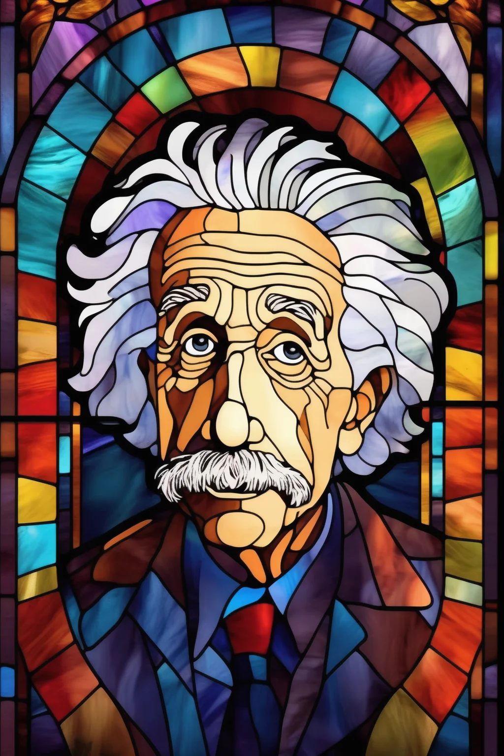<lora:Stained Glass Portrait:1>Stained Glass Portrait - illustration portrait of albert Einstein in the style of stained glass