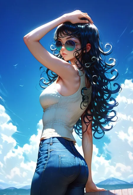 score_9, score_8_up, score_7_up, score_6_up, score_5_up, score_4_up,1girl, beautiful, tank top, upper bod, detailed face, jeans, looking back, hand on head, curly  hair, long hair, black hair, cool, badass, sunglasses