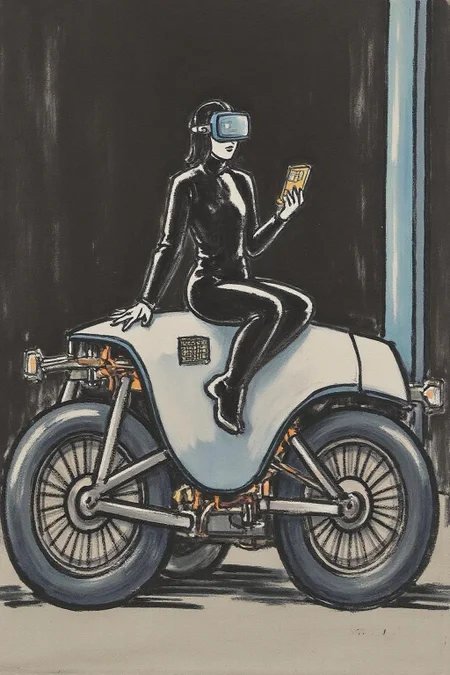 fzk1 ink painting. a striking, futuristic scene depicts a woman dressed in sleek, form-fitting leather attire, sitting confidently atop an open power suit, inspired by the cyberpunk aesthetics of Masamune Shirow. The power suit, a blend of advanced technology and military-grade armor, features intricate mechanical details, exposed wiring, and a robust, yet streamlined design. The woman, wearing a cutting-edge VR headset, exudes a sense of control and mastery over the machine beneath her. Her posture is relaxed yet commanding, with one hand resting on the suit’s metallic surface and the other casually holding a piece of advanced tech. The background is a high-tech industrial setting, with dim lighting that casts dramatic shadows, highlighting the fusion of human and machine. The overall atmosphere is one of futuristic coolness and cybernetic elegance, capturing the essence of Shirow’s iconic style <lora:fzk2_nocap_d6a3:1.0><lora:815027107634855600:0>