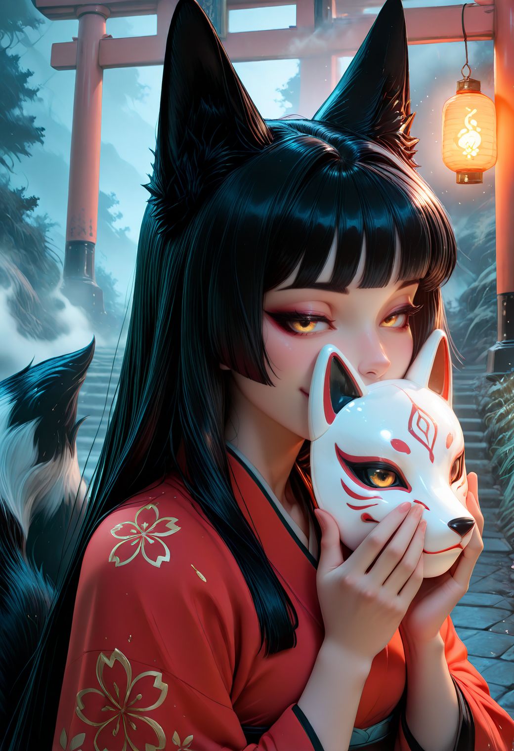 SmoothNoob_Quality, 1girl. a japanese woman with pale skin and long black hair, styled on a hime cut. She has yellow eyes with purple eyeshadows. She is wearing a vibrant red kimono with intricate patterns, and her lips are painted in purple. She is holding a fox mask partially covering her face. Behind her, multiple fox tails are visible, suggesting a mythical or supernatural theme. The background is a misty, atmospheric setting with a traditional Japanese torii gate and a glowing lantern, enhancing the mystical ambiance. black fur, close-up, fog, mysterious. seductive smile, <lora:Smooth_Booster:0.5>  <lora:IncaseStyle_NoobAI:0.3> <lora:All_Disney_Princess_-_Illustrious:0.2>  <lora:SmoothStyle_Lambda:0.5>