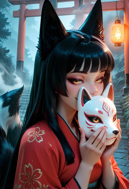 SmoothNoob_Quality, 1girl. a japanese woman with pale skin and long black hair, styled on a hime cut. She has yellow eyes with purple eyeshadows. She is wearing a vibrant red kimono with intricate patterns, and her lips are painted in purple. She is holding a fox mask partially covering her face. Behind her, multiple fox tails are visible, suggesting a mythical or supernatural theme. The background is a misty, atmospheric setting with a traditional Japanese torii gate and a glowing lantern, enhancing the mystical ambiance. black fur, close-up, fog, mysterious. seductive smile, <lora:Smooth_Booster:0.5>  <lora:IncaseStyle_NoobAI:0.3> <lora:All_Disney_Princess_-_Illustrious:0.2>  <lora:SmoothStyle_Lambda:0.5>