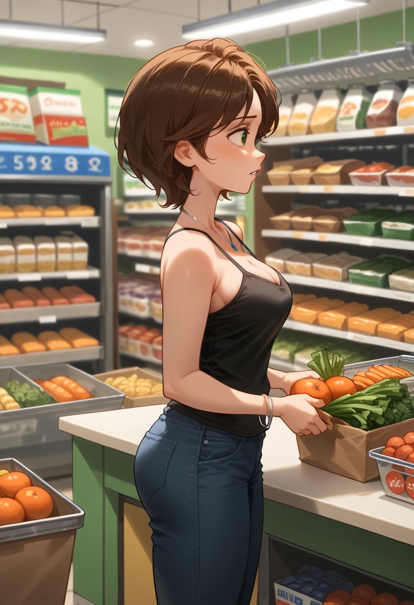 score_9, score_8_up, score_7_up, disney pixar, auntcass, 1girl, brown hair, short hair, solo, black camisole, (loose strap:1.1), (gap between strap and chest:1.3), necklace, green eyes, hot pants, short jeans, tight pants, bracelet, large breast, big butt, thick thigh, bare knee, cleavage, 
from behind, from side, from top, closed mouth, parted lips, standing, picking, cleavage,( unintentionally teasing:1.3), trolley, filled with grocery
indoors, supermarket, grocery store, grocery, vegetables, depth of field, steam, feet out of frame, blurry background, crowds, peoples, volumtric lighting on breasts, shading on breasts,