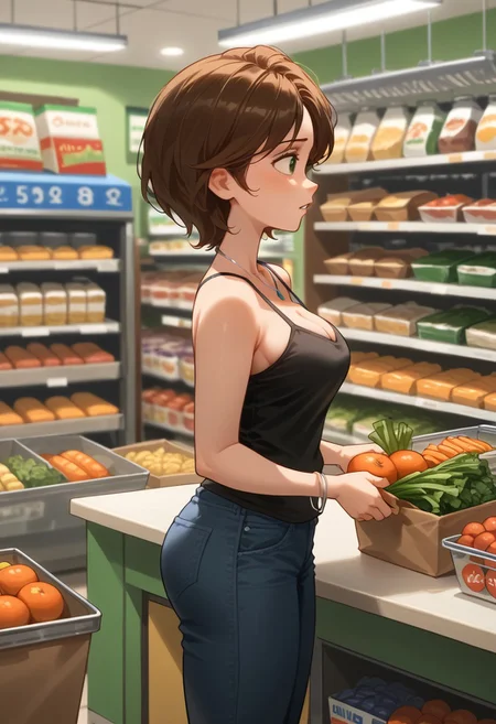 score_9, score_8_up, score_7_up, disney pixar, auntcass, 1girl, brown hair, short hair, solo, black camisole, (loose strap:1.1), (gap between strap and chest:1.3), necklace, green eyes, hot pants, short jeans, tight pants, bracelet, large breast, big butt, thick thigh, bare knee, cleavage,
from behind, from side, from top, closed mouth, parted lips, standing, picking, cleavage,( unintentionally teasing:1.3), trolley, filled with grocery
indoors, supermarket, grocery store, grocery, vegetables, depth of field, steam, feet out of frame, blurry background, crowds, peoples, volumtric lighting on breasts, shading on breasts,