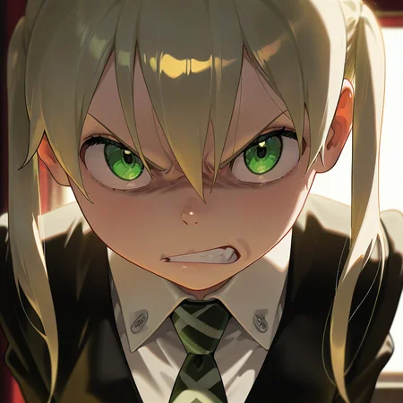 masterpiece, best quality, amazing quality, very aesthetic, absurdres, newest, volumetric lighting,
souleaterstyle,,maka,
1girl,solo,looking at viewer,milk blonde hair,twintails,green eyes,necktie,,angry,anime coloring
,masterpiece, best quality, amazing quality, very aesthetic, absurdres, newest, volumetric lighting,
, <lora:soul_eater_illustrious:0.8>,