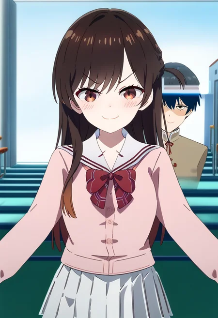 possessed,(matching pose),(transparent 1boy),
chizuru ichinose,1girl,solo,long hair,blush,looking at viewer,bangs,white shirt,school uniform,hair ornament,braid,white skirt,smile,bow,red bow,pink shirt,
standing, looking at viewer,
smug, angry eyes