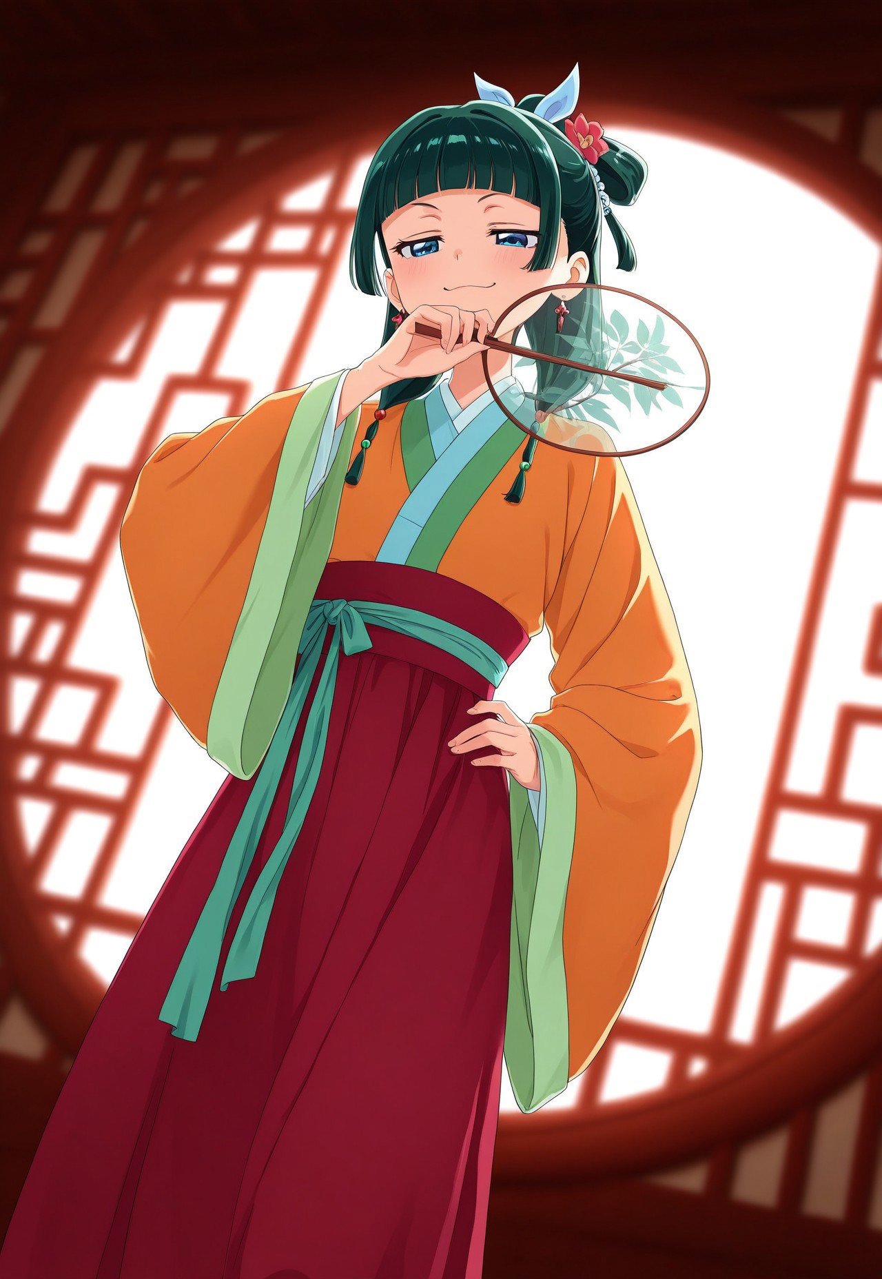 1girl, maomao \(kusuriya no hitorigoto\), hanfu, blue eyes, long hair, green hair, hanfu, hair flower, long sleeves, wide sleeves, sash, earrings, hair beads, dress, multi-tied hair, blunt bangs, looking down to the side, ojou-sama pose, smug, laughing, holding fan to own mouth, tuanshan, transparent fan, hand on hip, standing, dutch angle, from below, east asian architecture, round window, lattice, depth of field, lazypos