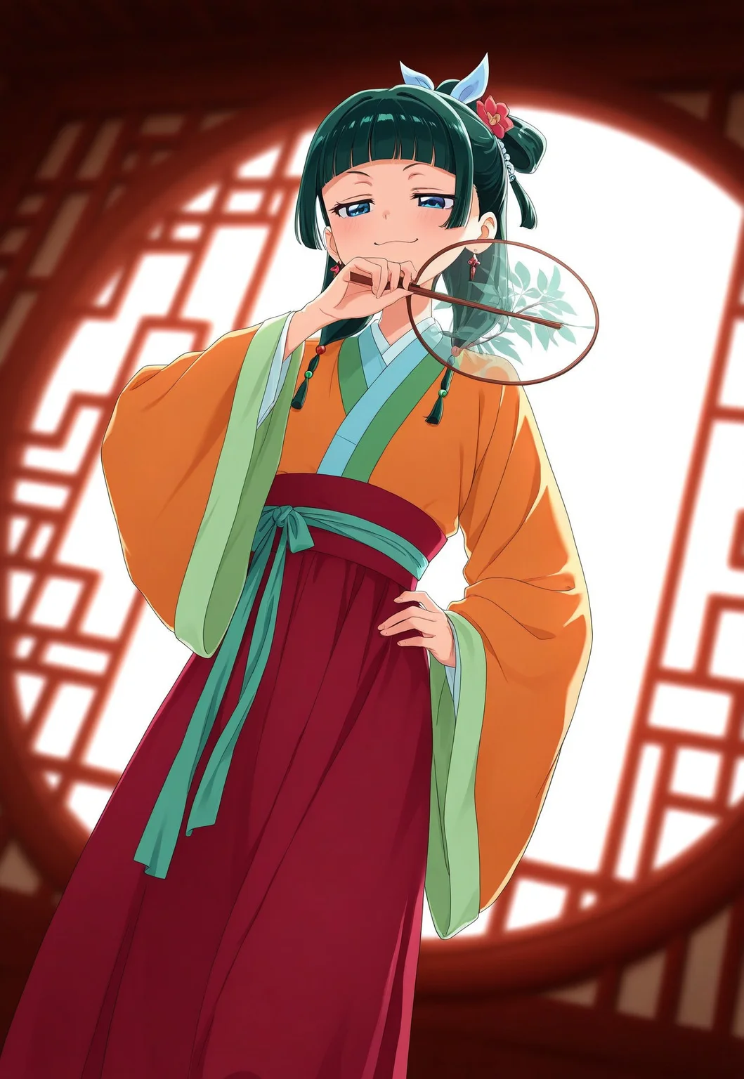 1girl, maomao \(kusuriya no hitorigoto\), hanfu, blue eyes, long hair, green hair, hanfu, hair flower, long sleeves, wide sleeves, sash, earrings, hair beads, dress, multi-tied hair, blunt bangs, looking down to the side, ojou-sama pose, smug, laughing, holding fan to own mouth, tuanshan, transparent fan, hand on hip, standing, dutch angle, from below, east asian architecture, round window, lattice, depth of field, lazypos