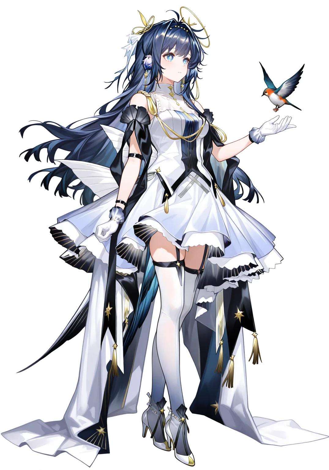 white background,simple background,arknightsgame,masterpiece,best quality,amazing quality,very aesthetic,high resolution,ultra-detailed,absurdres,
1girl,solo,Astesia,blue eyes,white pupil,bird tail,long hair,blue hair,bird girl,medium breasts,
astesia_\(frlibe_on_the_palace\)_\(arknights\),white sleeveless dress,black arm strap,white high heels,gradient gloves,hair ornament,white thighhighs,ahoge,
full body,standing,
<lora:AstesiaILREV1.0-000003:1>,<lora:ArknightsGameStyleILV1:0.8>,
