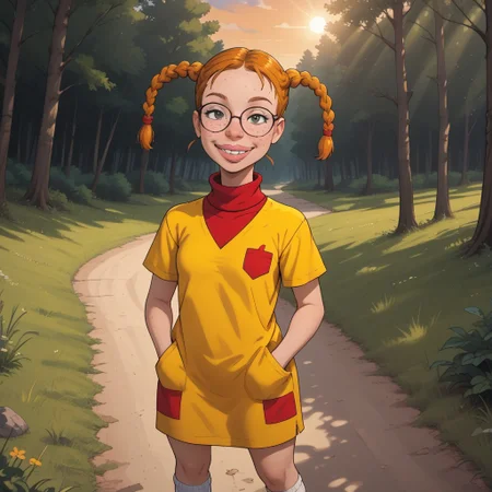 score_9, score_8, BREAK, solo, Eliza_Thornberry_(Wild_Thornberrys), orange hair, twintails, braid, braided twintails, freckles, glasses, pink lips, thick lips, buck teeth, braces, yellow dress with red pockets, red turtleneck shirt, white socks, brown shoes, self portrait, smile, looking at viewer, outdoors, sunlight, shadows, evening lighting, natural lighting, forest, trees, grass, orange sky, sunset