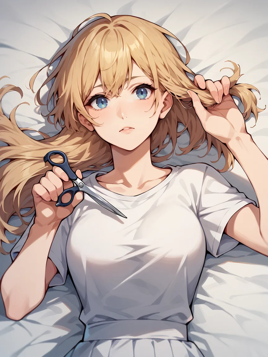 score_9, score_8_up, score_7_up, score_6_up,   <lora:cuth41r2:1> cutting hair, cuth41r, haircut, cut off hair, cutting hair, holding hair, holding scissors, 1girl, long hair, lying, hair spread out,