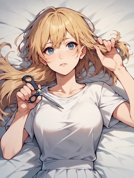 score_9, score_8_up, score_7_up, score_6_up,   <lora:cuth41r2:1> cutting hair, cuth41r, haircut, cut off hair, cutting hair, holding hair, holding scissors, 1girl, long hair, lying, hair spread out,