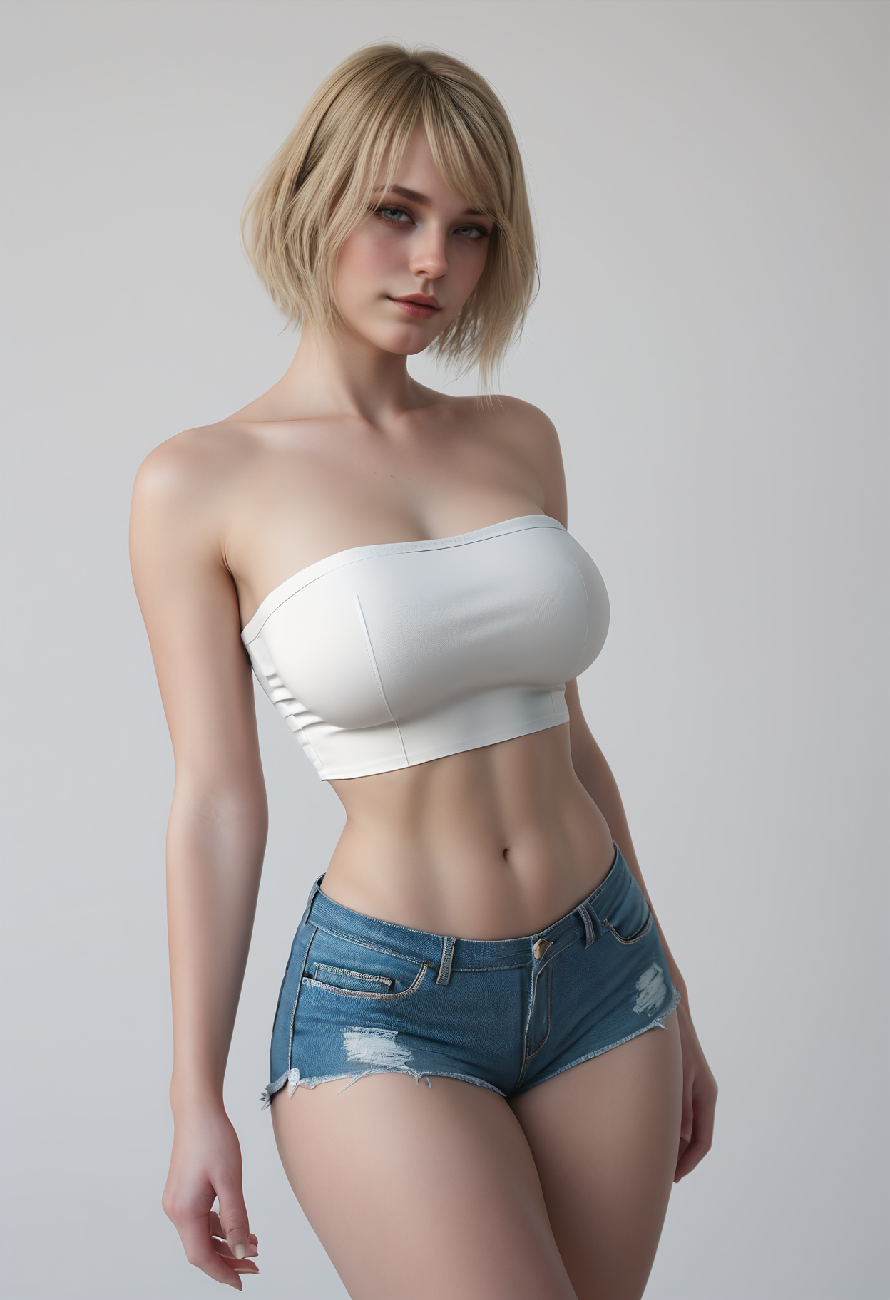 score_9, score_8_up, score_7_up, realistic,
1girl, solo, 
standing, 
looking at viewer, half-closed eyes,
4shl3y_Gr4h4m_SKNSFW, short hair, blonde hair, large breasts, 
white crop top, strapless, bare shoulders, 
micro shorts, navel, 
white background, simple background,
 <lora:4shl3y_Gr4h4m_SKNSFW1800:0.7>