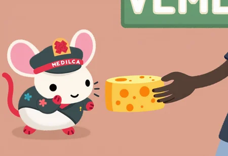 pikaole of, a mouse dressed as a paramedic is seen at a food festival, taking blocks of cheese from vendors under the pretense of checking them for safety